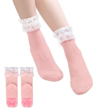 LittleForBig Cosplay 3D Katze Pfoten Pad Silikon Kätzchen Spitzenbesatz Baumwolle Knöchelsocken - Rosa - 1