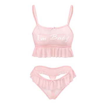 LittleForBig Mesh Tutu Spitzenbesatz Damen Nachtwäsche Träger Pyjama Cami Top und Tanga Bralette Set - I'm Baby Rosa XS - 5