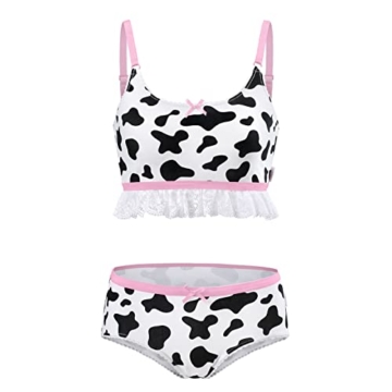 LittleForBig Spitzenbesatz Damen Nachtwäsche Träger Pyjama Cami Top und Shorts Dessous Bralette Loungewear Set - Milchkuh Weiß XL - 5