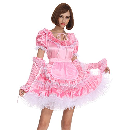 Sissy Damen Dienstmädchen Kleid in Rosa – Satin Traumkleid mit Schürze & Schloss