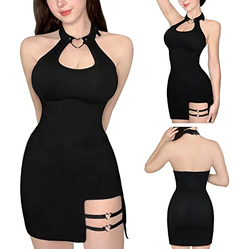 LittleForBig Sissy Minikleid schwarz – Halterneck Bodycon Kleid mit Herz-Riemen