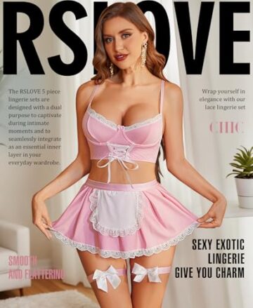 RSLOVE Damen Dessous Sets Kostüm - Sexy Maid Outfit Unterwäsche Negligee Kleid für Cosplay Rosa L - 2
