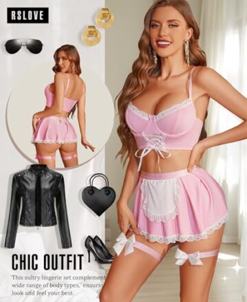 RSLOVE Damen Dessous Sets Kostüm - Sexy Maid Outfit Unterwäsche Negligee Kleid für Cosplay Rosa L - 4