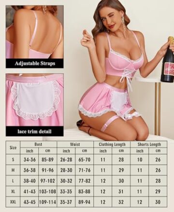 RSLOVE Damen Dessous Sets Kostüm - Sexy Maid Outfit Unterwäsche Negligee Kleid für Cosplay Rosa L - 5