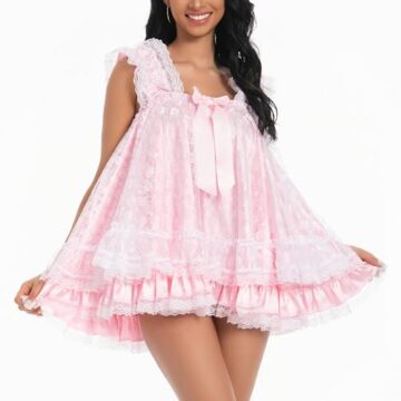 Satini Dessous Satin Sissy Babydoll-Stil Rüschen Rüschen Spitze Nachthemd Negligee Cosplay Nachtwäsche Kleid (Zartrosa - Weiß, XL) - 4