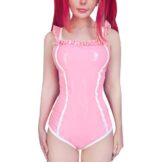 LittleForBig Ärmellos Verstellbare Träger Kunstleder Glänzend Onesie Schlafanzug Bodysuit - Latex-Like Babygirl in Training Strampler Rosa L - 1