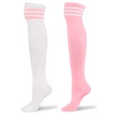 LittleForBig Knie Hoch Dick und Weich Schulmädchen Lange Gestreifte Tube Strümpfe College Style Socken 2 Paar L - Weiß und Rosa - 1