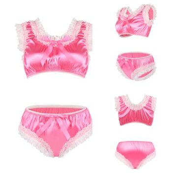 LittleForBig Unisex Pullover aus Seidigem Satin mit Glänzender Spitzenverarbeitung und Rüschenbesatz Croptop-Höschen-Form Dessous Loungewear Bralette Set Magenta XXL - 6