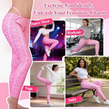 LittleForBig Unisex Soft Silky Y2k Thong Strap Sissy Yoga Pants Leggings – Allover-Print Rosa S - 4