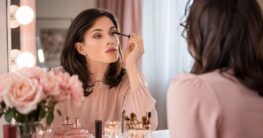 Mascara vor dem Spiegel in einem sanften Schminkambiente