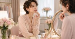 Sanfter Beauty-Moment am Schminktisch mit Lippenstift und pastellfarbenem Ambiente
