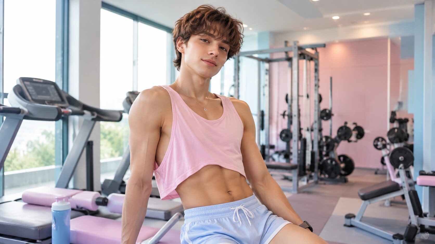 Sanftes Femboy Beitragsbild zu Femboy Geschichte – Pastellfarben im Fitnessstudio