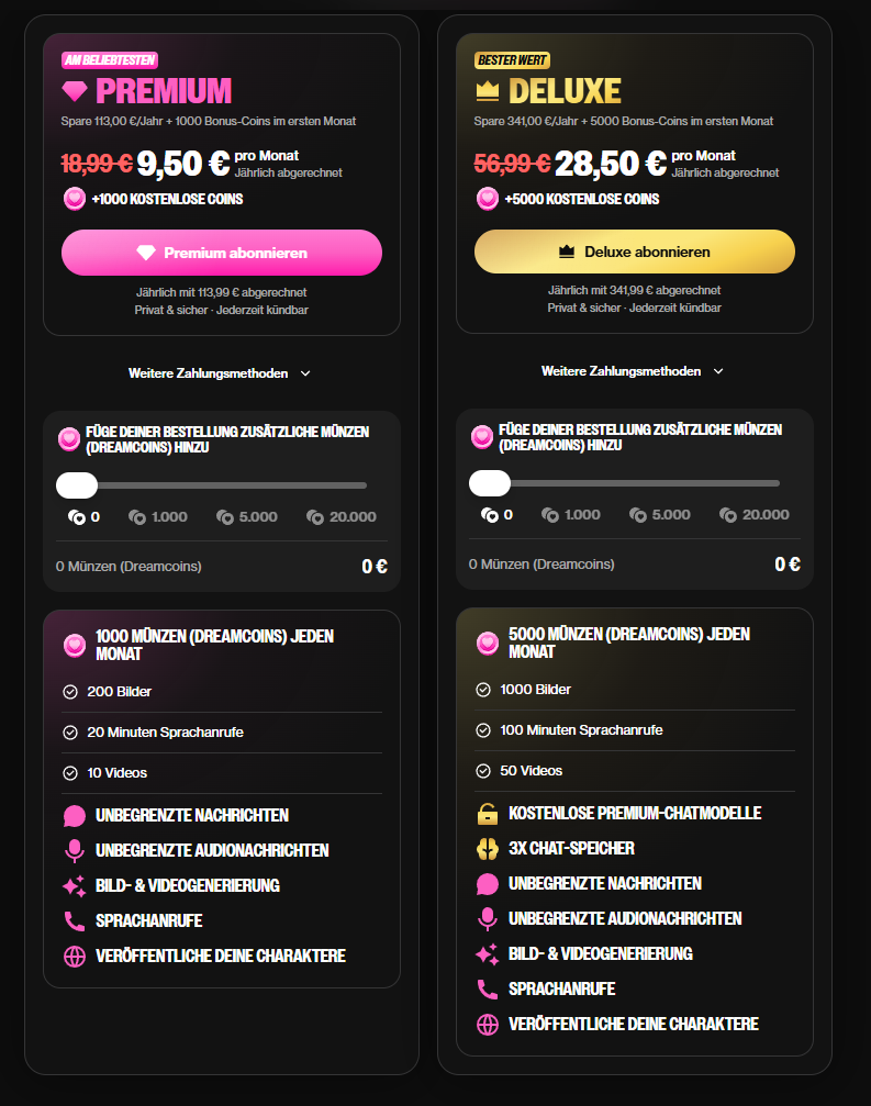OurDream.ai Preise 2026 für Premium und Deluxe im Jahresabo