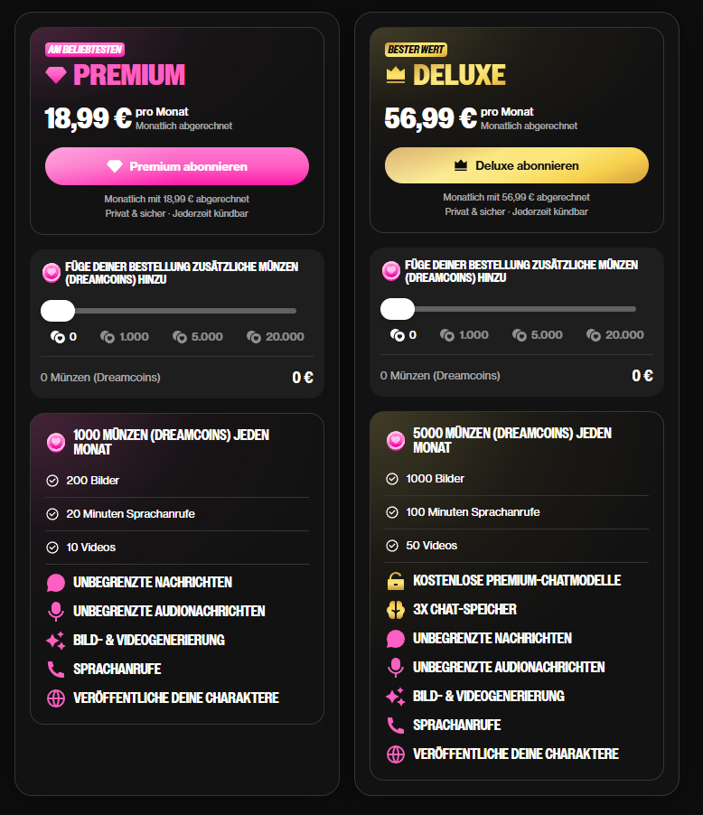 OurDream.ai Kosten 2026 für Premium und Deluxe bei monatlicher Zahlung