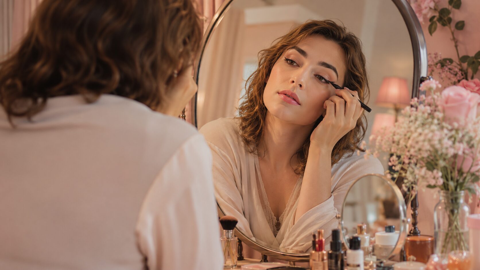 Sanfter Schminkmoment vor dem Spiegel mit Eyeliner