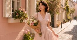 Leichtes Sommeroutfit in einer romantischen Gasse mit Blumenstrauß