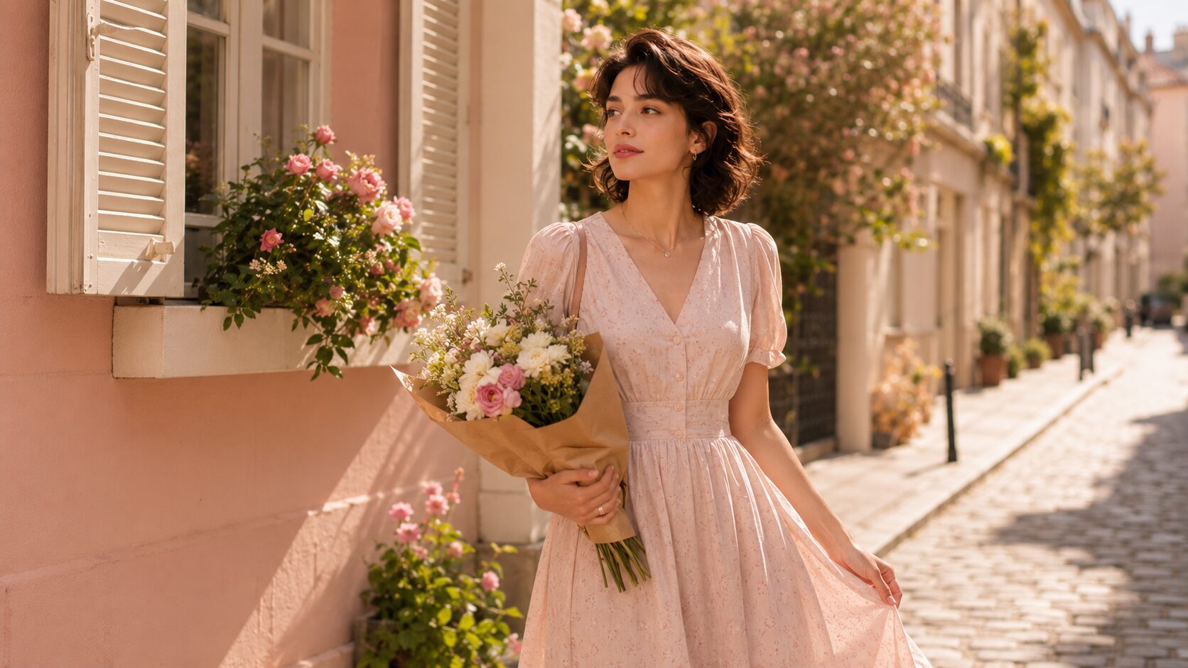 Leichtes Sommeroutfit in einer romantischen Gasse mit Blumenstrauß