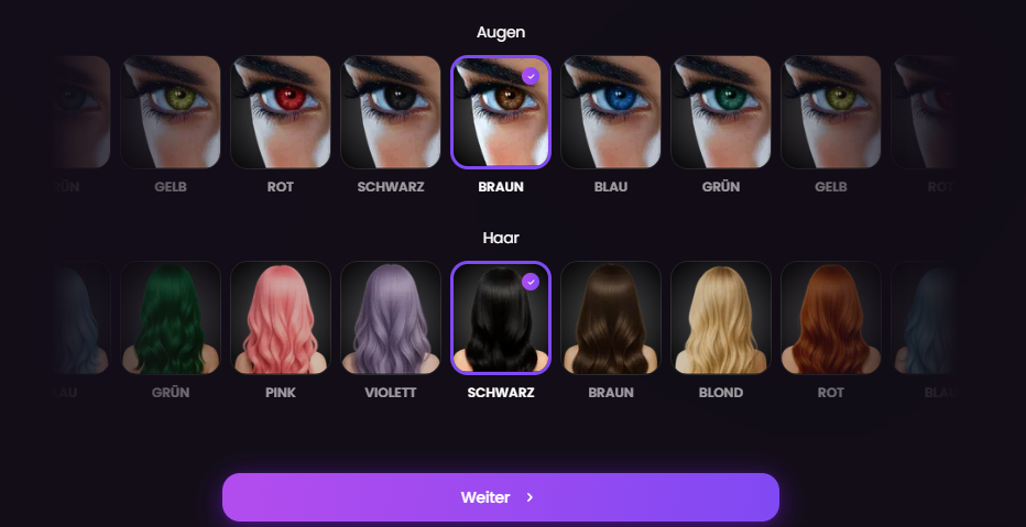 Augenfarbe und Haarfarbe einer Swipey AI Freundin auswählen