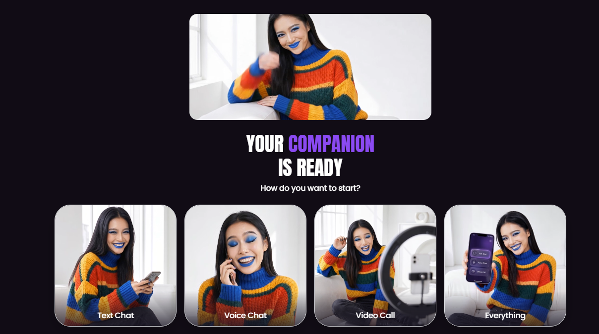 Swipey AI Landingpage mit Textchat, Sprachchat und Videoanruf