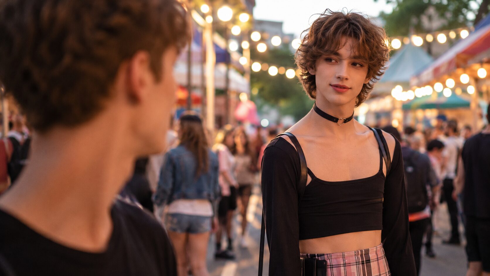 Sanftes Femboy Beitragsbild zu Femboy Geschichte – Der erste Blick auf dem Stadtfest